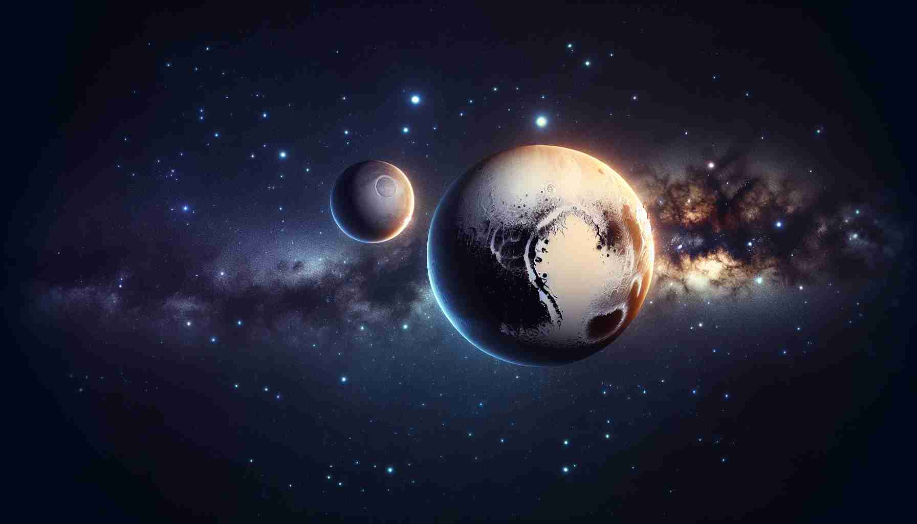 Create a realistic, high-definition illustration of Pluto and Charon, showing new discoveries about their origins. The image should depict the fascinating aspects of these cosmic bodies, inviting surprise and intrigue. Show them in the vast expanse of space with starry backdrop, highlighting their unique features and aspects of their formation.