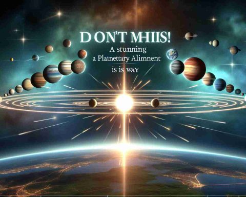 Create a dynamic high-definition image of a celestial event where numerous planets are aligned perfectly. The perspective is as if viewing the alignment from Earth, ideally during a starry night. The phrase 'Don’t Miss This! A Stunning Planetary Alignment is on its Way' is prominently displayed in the sky, giving a sense of anticipation and awe for the upcoming event.