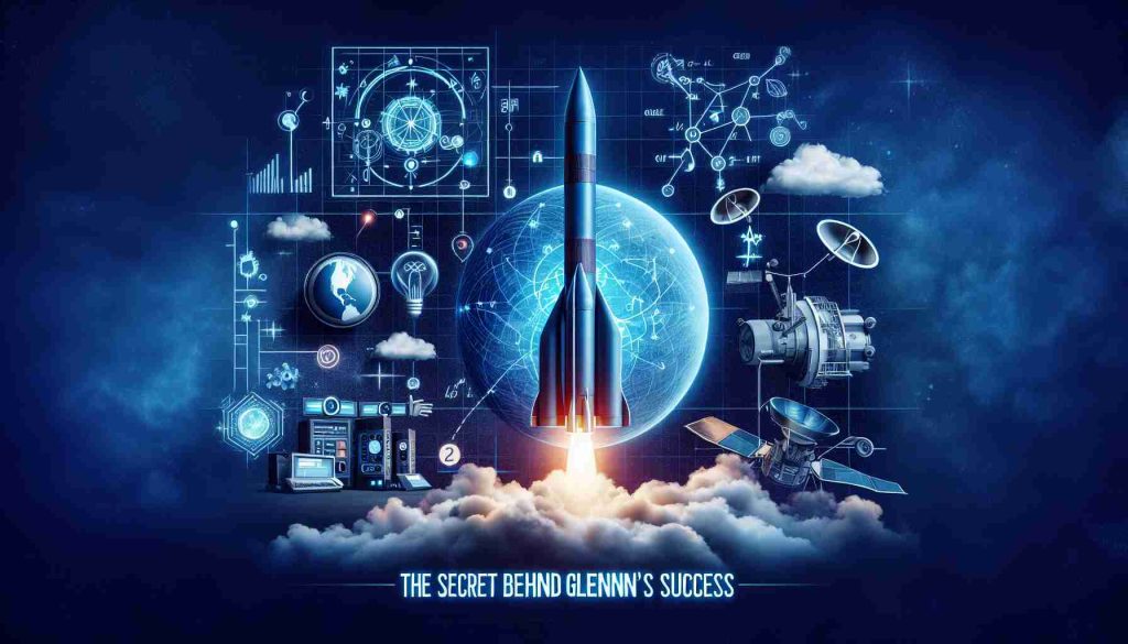 Create a high-quality, realistic image of the concept represented by 'The Secret Behind New Glenn's Success'. This should depict a metaphorical interpretation of undisclosed information related to Blue Origin's space mission innovation. Show a space rocket, which represents New Glenn, and let symbolism convey the behind-the-scenes success story. Maybe place undisclosed technologies, scientific equations, or futuristic machinery.