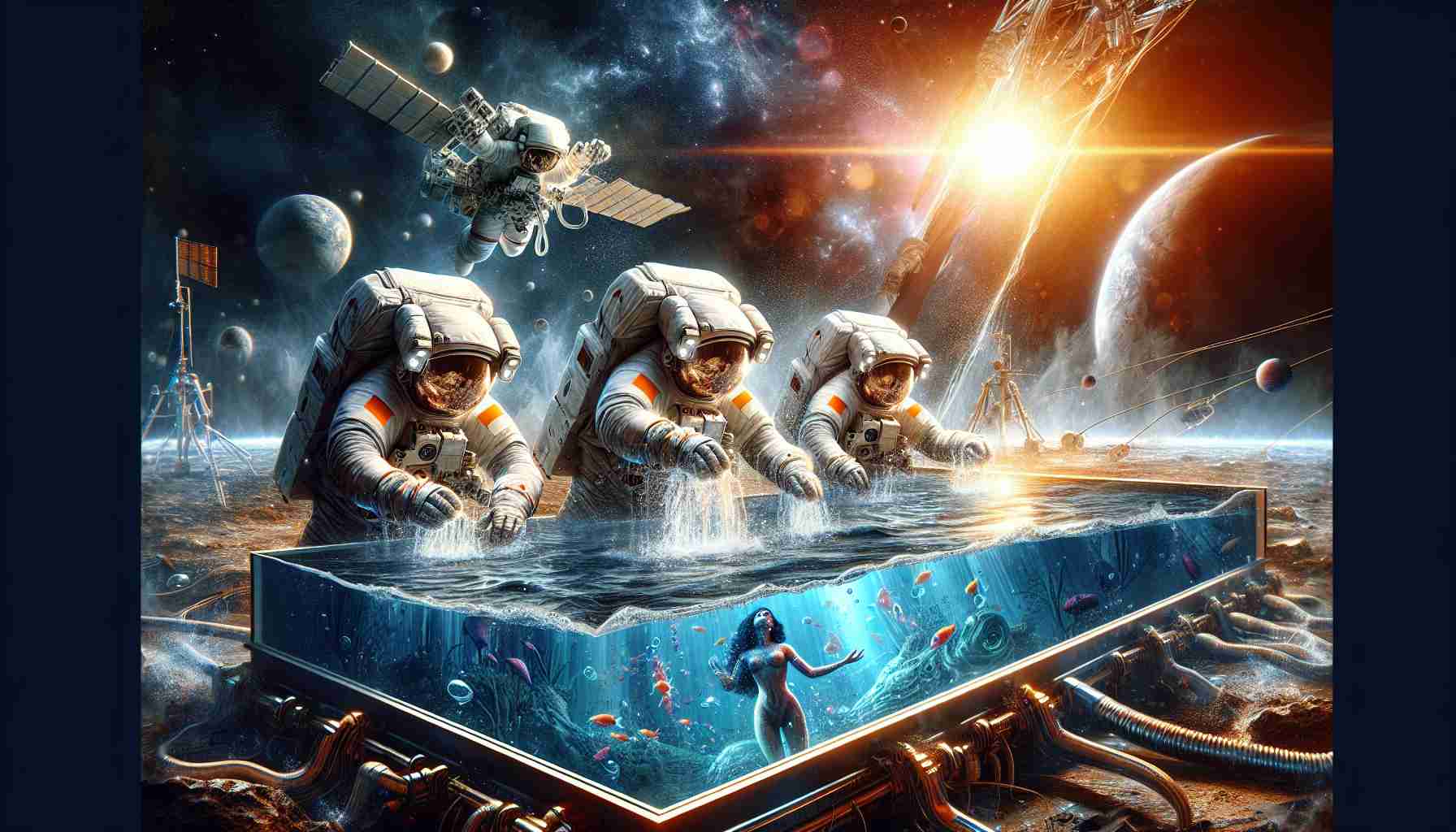 Create a High-Definition, realistic image that depicts a thrilling new experiment being conducted specifically by Indian astronauts in space. Show them breaking new ground through these experiments. Perhaps they are doing something novel, like discovering a new form of life in an alien water-related environment or engaging with highly advanced technologies. The astronauts themselves should appear excited or fully engrossed in their work. The overall vibe of the image should be adventurous, ground-breaking, and representative of the pioneering spirit of space exploration.