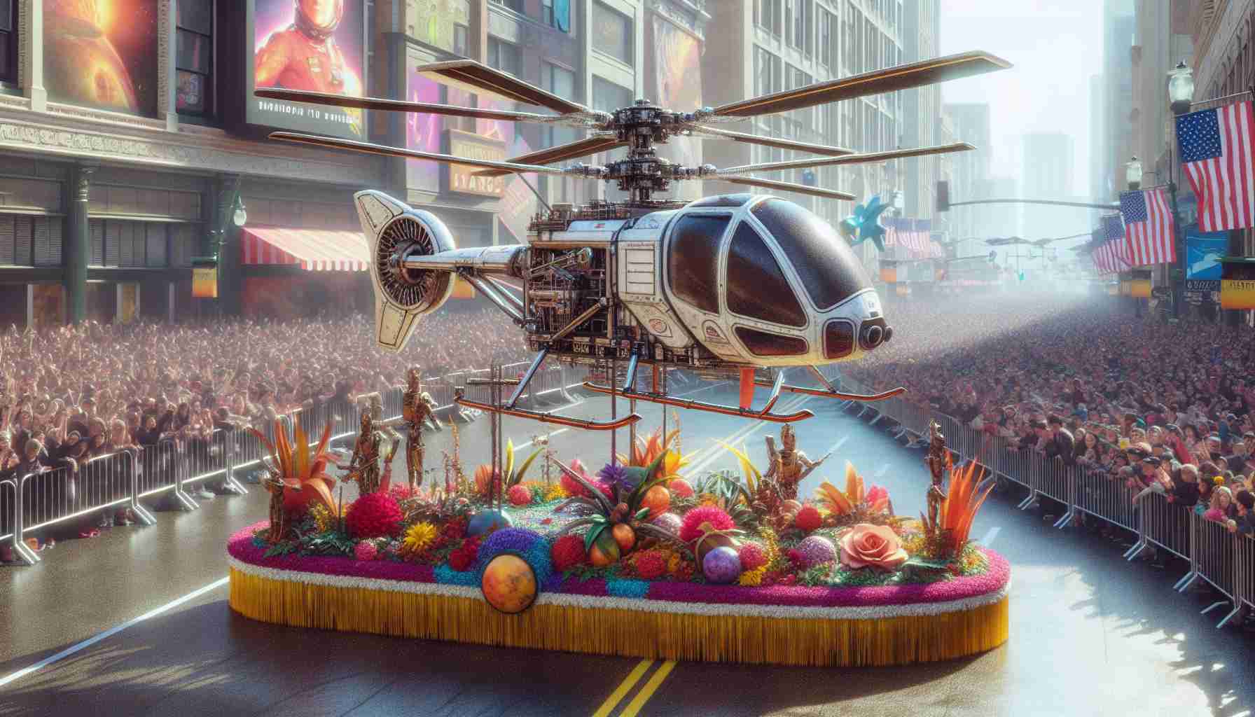 Create a realistic, high-definition image of a unique event: a parade float showcasing an incredible, realistic Mars Helicopter. The focus is on the helicopter, symbolizing a momentous flight. The float is filled with decorative elements that would typically be seen in a grand parade, like colorful floral arrangements and props, creating a celebratory atmosphere. The setting is on a vibrant street filled with eager onlookers expressing excitement and admiration for the display of human ingenuity.