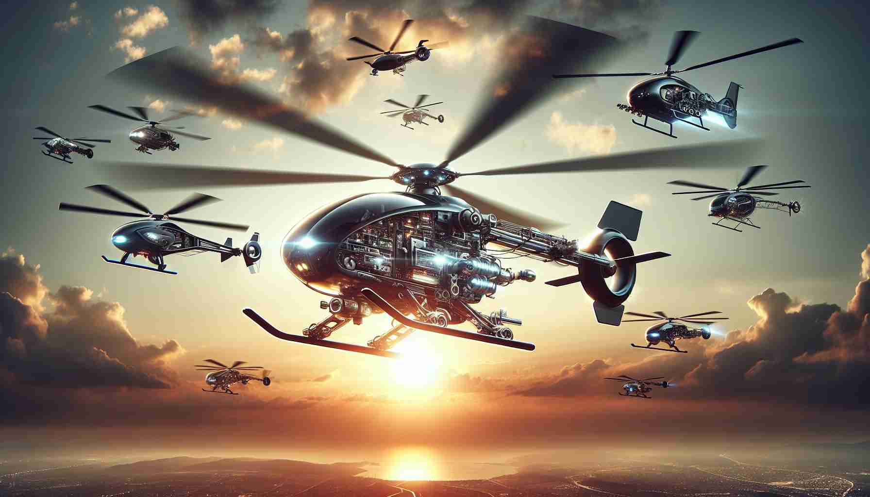 Generate a high-definition realistic image entitled 'The Future Takes Flight: Helicopter Innovations You Didn’t See Coming'. The picture should feature revolutionary and futuristic helicopter designs that one wouldn't usually expect to see, with advanced propulsion systems, ingenious control mechanics, and cutting-edge aerodynamics. The image should depict these helicopters soaring high in the sky, symbolizing the great strides in airborne innovation.