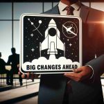 Create a realistic high-definition photo of a significant transformation happening at a large space agency, symbolized by a large sign reading 'Big Changes Ahead'. Also, depict an unidentifiable person in the scene who holds an air of authority, signaling their importance within the organization.