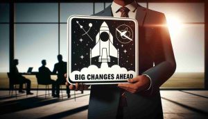 Create a realistic high-definition photo of a significant transformation happening at a large space agency, symbolized by a large sign reading 'Big Changes Ahead'. Also, depict an unidentifiable person in the scene who holds an air of authority, signaling their importance within the organization.