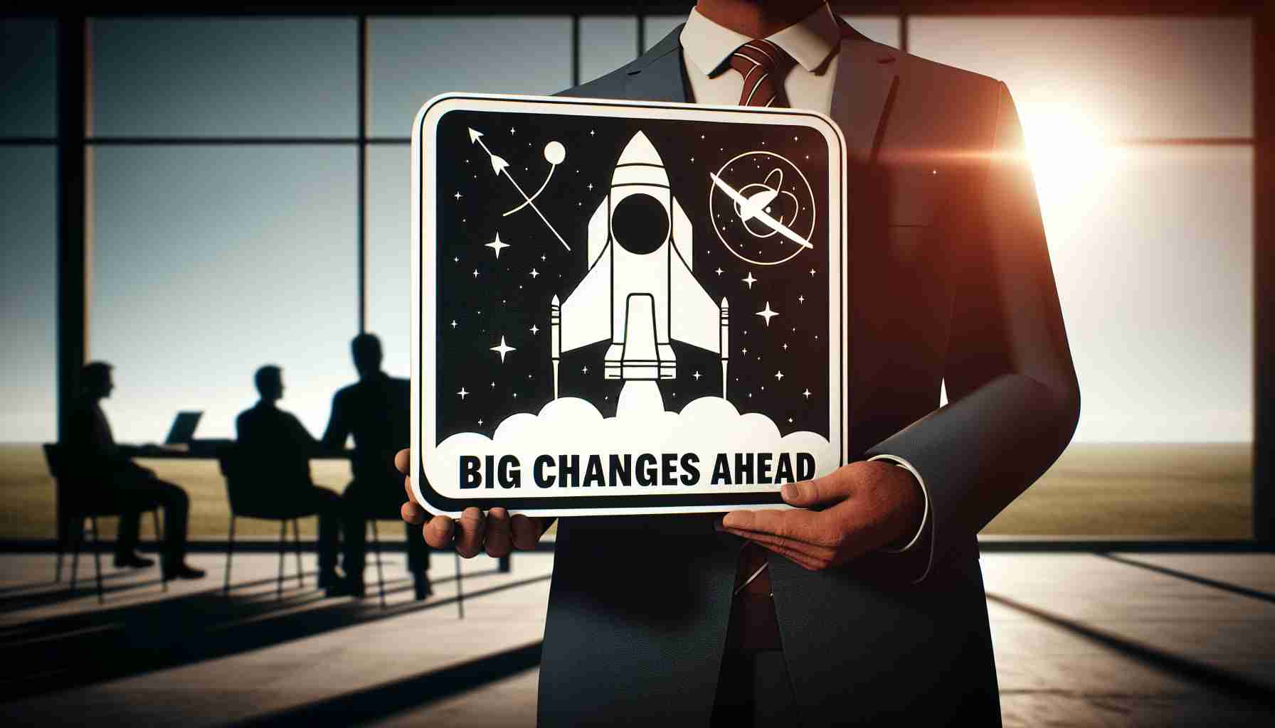 Create a realistic high-definition photo of a significant transformation happening at a large space agency, symbolized by a large sign reading 'Big Changes Ahead'. Also, depict an unidentifiable person in the scene who holds an air of authority, signaling their importance within the organization.