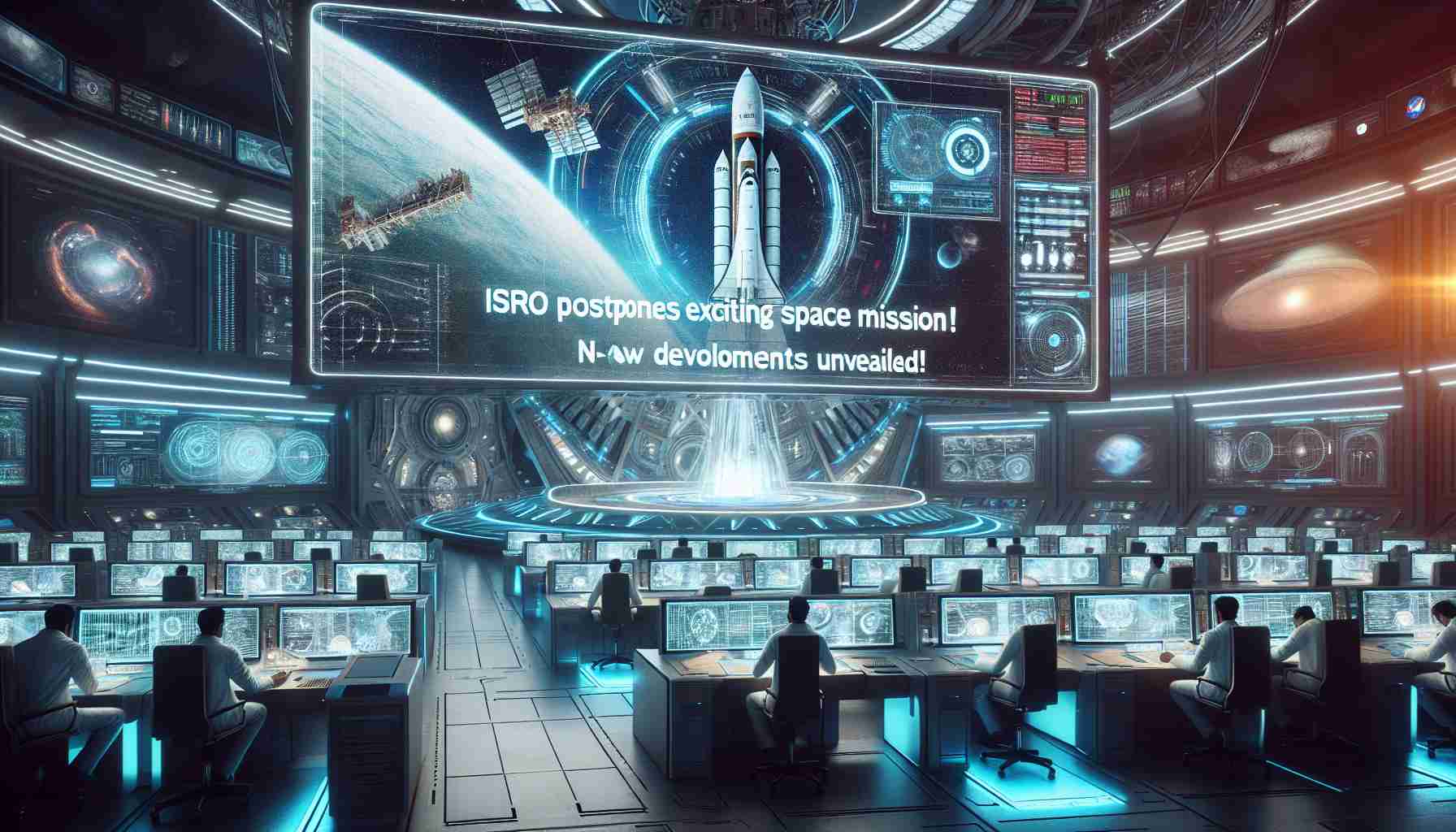 Generate a hyper-realistic HD image depicting the headline 'ISRO Postpones Exciting Space Mission! New Developments Unveiled!' The scene should include a detailed representation of a futuristic control room with scientists busy at work, screens displaying complex information, and futuristic technology. The main focus should be on a giant screen displaying the headline, and one can see a representation of a suspended space mission, perhaps a rocket on the launch pad with the countdown halted. Please include a bold TYPESET headline of our phrase in the image and it should give the viewer a sense of anticipation and curiosity.