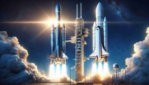 Create a detailed, high-definition image representing a future event: the launch of two heavy-duty rockets aimed at furthering space exploration. The first rocket is large, painted in hues of deep blue and white, christened 'New Glenn'. The second, called 'Starship', is a gleaming silver machine, designed for interstellar journeys. Both rockets are on launch pads set against a blue sky, with sun rays illuminating their tall, thin structures. Trails of white smoke rise out of their engines, signifying that they are ready for lift-off. Who will take off first is a thrilling question on everyone's mind.