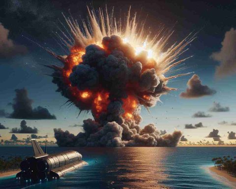 Realistic HD image of a substantial explosion happening over the Caribbean Sea. A prototype spaceship faces a setback, suggesting an unsuccessful test of a futuristic, privately-owned spacecraft.