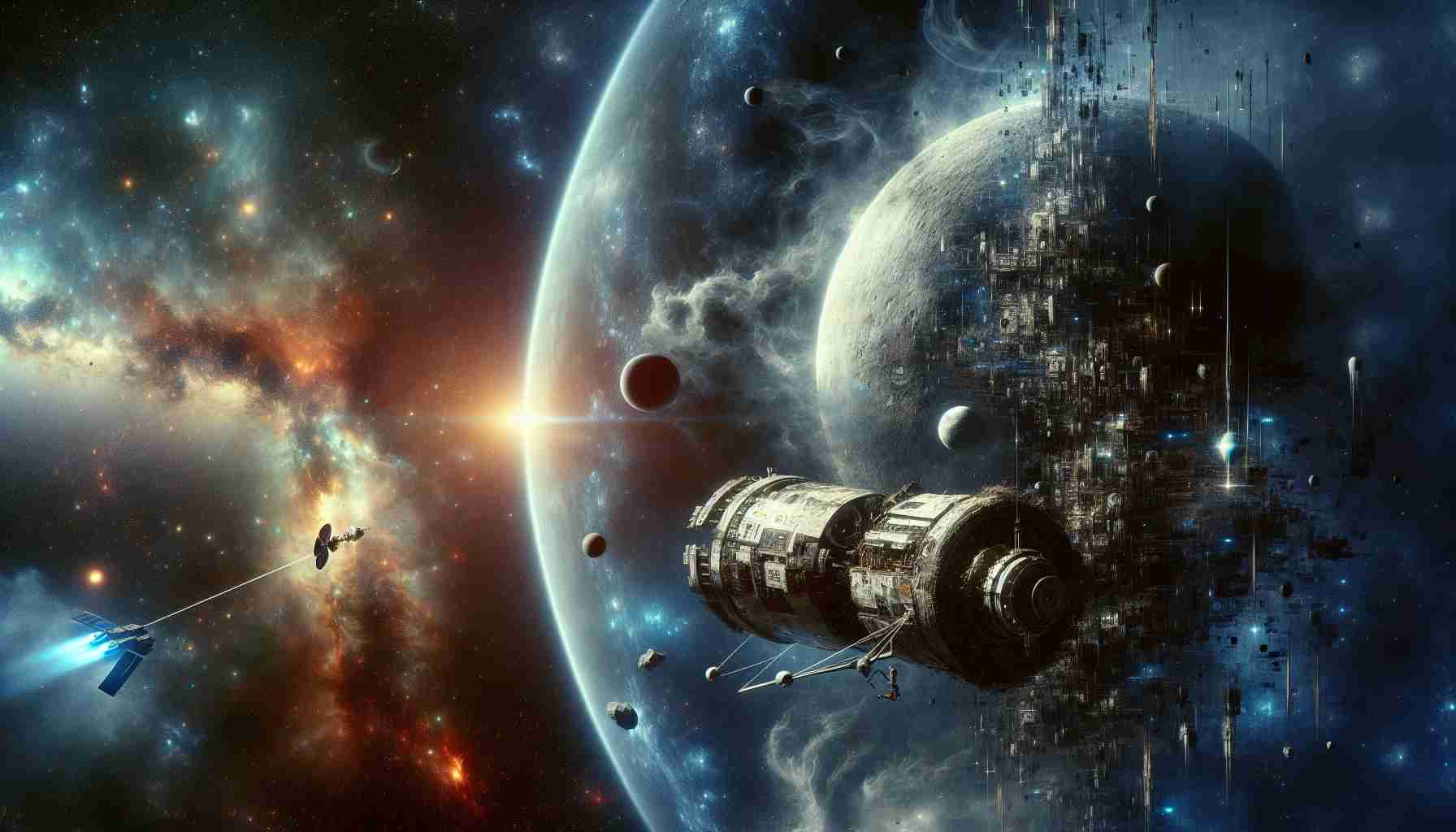 Detailed portrayal of a significant event in the space exploration race: On one side, represent the setback of a futuristic spaceship, showcasing a damaged or malfunctioning spacecraft against the mysterious backdrop of the cosmos. On the other side, imagine a successful milestone achievement of a different space exploration company, perhaps a spacecraft reaching a never-before-achieved distance or planetary body. The scene should unfold amongst a stellar backdrop, with planets, nebulae, and distant galaxies. Aim for a high-definition, realistic presentation.