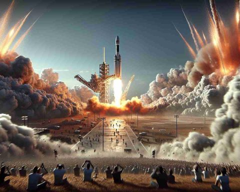 A highly detailed and realistic, high-definition image of a space rocket liftoff event, precisely 11 seconds after the launch. The scene is filled with excitement as the atmosphere reveals unexpected events. The ground is shaking, the engine is producing a thundering roar as well as a stream of fire and smoke, and the spectators are reacting with a mixture of awe, anticipation, and surprise. The sky is clear, showcasing the immense power of human achievement.