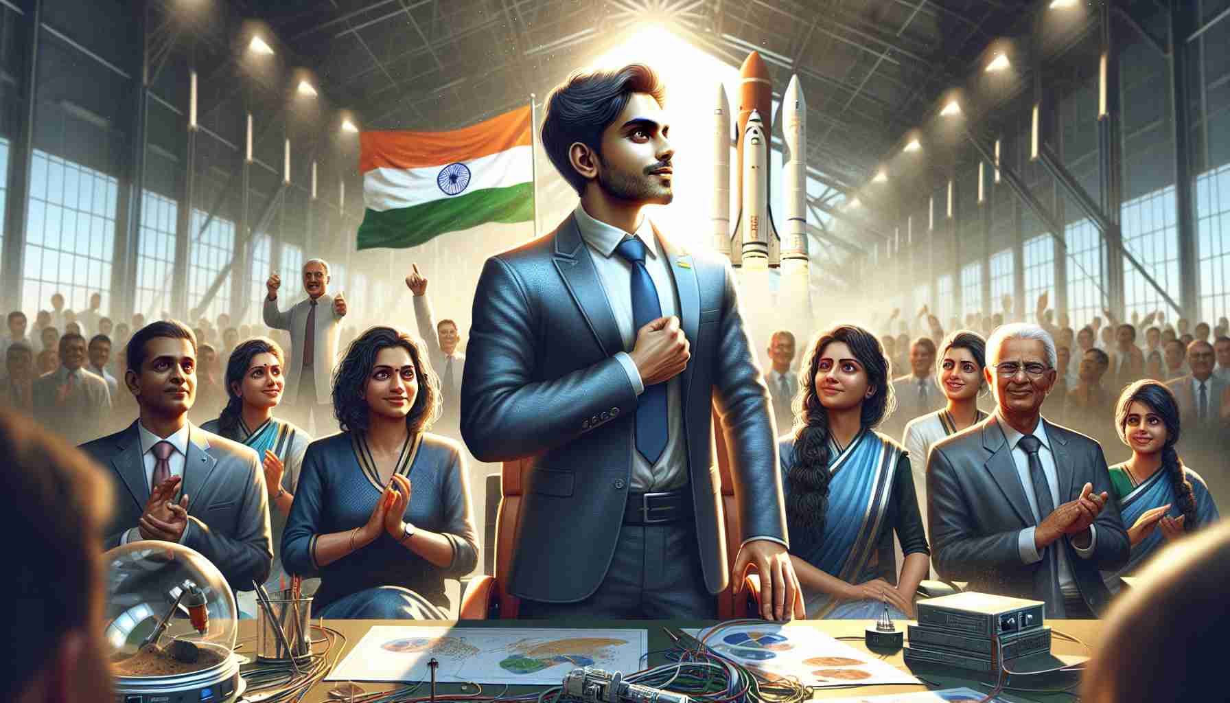 Realistic high-definition image depicting the beginning of a new era at a space research organization in India. The scene shows a visionary leader, of South Asian descent and a balanced gender representation, spearheading India's ambitious space missions. Capture the excitement and passion of the team, the progressive technology, and the spirit of innovation that defines this new chapter.