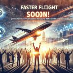 Create a realistic HD image that showcases the concept of faster flights soon. It should depict an excited crowd discovering that airlines are joining the revolution for superior WiFi connectivity, identified by the symbolic 'star' and 'link' imagery to represent 'Starlink'. The image should capture this innovation and excitement amidst the backdrop of an airport or an aircraft.