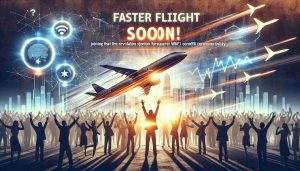 Create a realistic HD image that showcases the concept of faster flights soon. It should depict an excited crowd discovering that airlines are joining the revolution for superior WiFi connectivity, identified by the symbolic 'star' and 'link' imagery to represent 'Starlink'. The image should capture this innovation and excitement amidst the backdrop of an airport or an aircraft.