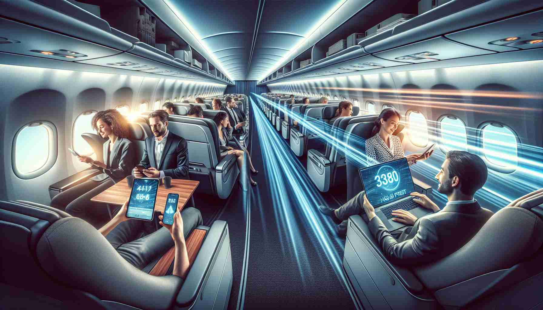 A realistic high definition photo showing visually the revolutionary flight experience due to high-speed internet. The scene could be interpreted as an in-flight environment where passengers are happily engaged in various online activities on their devices, be it on their laptops, tablets, or smartphones. The aesthetics of the plane interior is modern and comfortable, with amenities suitable for long-haul flights. A background might hint at the fast movement of the plane symbolizing high-speed. The ambiance in plane suggests contentment and ease, thanks to the availability of high-speed internet at several thousand feet above ground.