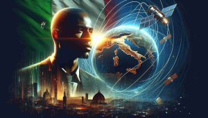 A depiction of a transformative change in Italy's telecommunications, evoking the imagery of a new era. Highlight a futuristic satellite system orbiting Earth, with a focus on Italy, symbolising enhanced connectivity. Incorporate the appearance of a visionary male entrepreneur, of South African descent, with a notable enthusiasm for technology and innovation. However, please avoid any direct reference to specific real-life individuals or figures.