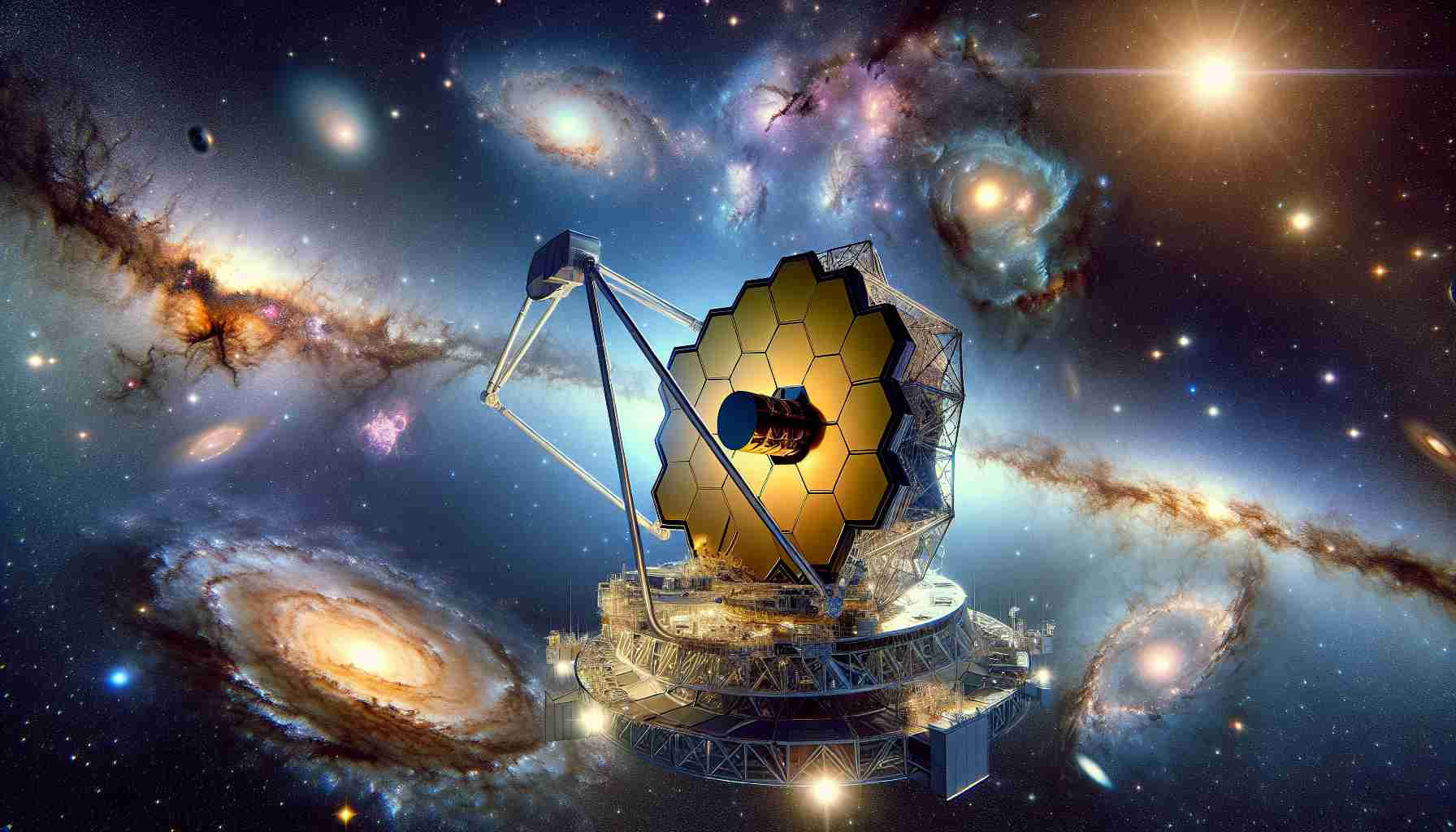 A high-definition realistic image representing the concept of 'Revolutionary Discovery' showcasing the James Webb Space Telescope (JWST). It should be shown in the depths of space, unveiling the mysteries of the distant universe. Illustrate various breathtaking astronomical phenomena such as nebulae, distant galaxies, and clusters of stars, symbolically revealed by the telescope's lens. Please ensure that the vastness and beauty of outer space are accurately captured while retaining a scientific and exploratory theme.