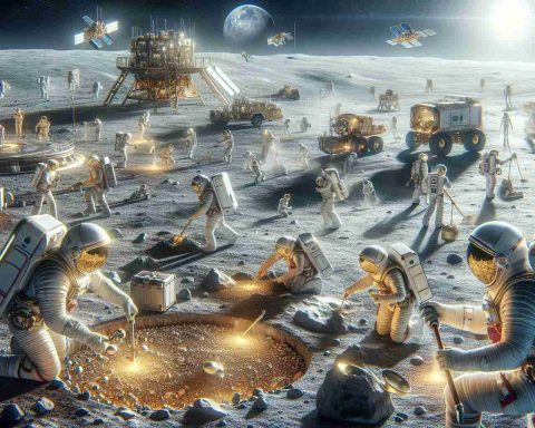 Create a detailed, high-definition image that depicts a futuristic space scene where humans are in the midst of a new Gold Rush. This scene takes place on the moon, portrayed as humanity's next frontier. People of different genders and descents, donned in advanced space suits, are shown either mining or exploring the lunar surface. Their activities indicate their eager quest for the valuable resources believed to be on this celestial body. A variety of space vehicles are seen either landed or hovering nearby, providing support for these modern day prospectors.