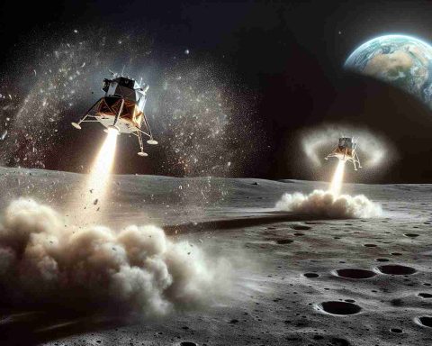 High-definition, realistic scene of two lunar landers, in an awe-inspiring moment of simultaneous launch from the surface of the moon. The landers are sending jets of flames and particles back to the powdery surface of the moon. The black expanse of space overhead is freckled with a handful of distantly twinkling stars, while Earth is seen in the far-off background as a delightful blue-and-green marble. Around the landers, tiny granules of lunar dust are being blown into fantastical, dancing shapes by the force of the takeoff.