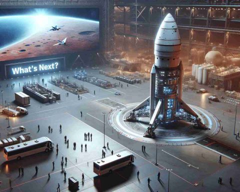 Generate a hyper-realistic, high definition image of a new mars-aimed space launch vehicle. The innovative spaceship is being prepared for its groundbreaking journey, aiming to unlock the secrets of Mars. The area around the launch pad is bustling with anticipation as a large digital display nearby poses the question, 'What's next?'