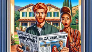 A detailed HD illustration showing a young red-haired man and a mixed-race woman looking shocked while reading a newspaper. The headline of the newspaper states, 'Famous Couple Might Leave Hometown?'. The couple is casually dressed and sitting in a tastefully furnished living room featuring a mix of modern and traditional design elements. The man with bright red hair and a beard wears a casual buttoned shirt, while the woman dons a stylish blouse. The setting is a sunny, picturesque suburban neighborhood, suggesting Montecito.