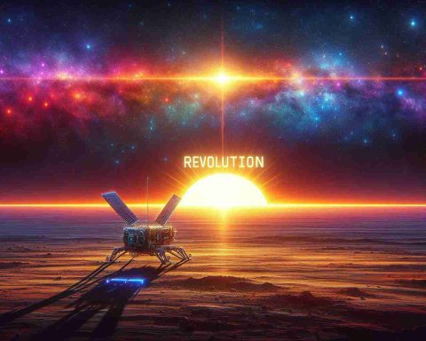 Generate a realistic, high-definition image that represents the concept of 'Revolution on the Horizon.' On the horizon, visualize a brilliant sunrise symbolizing promising change. Alongside, depict a hypothetical space technology labeled 'SpaDeX' showing what it could imply for the future of space exploration. The technology could be a spacecraft, a rover, or a satellite, boldly contrasting against the dawning backdrop.