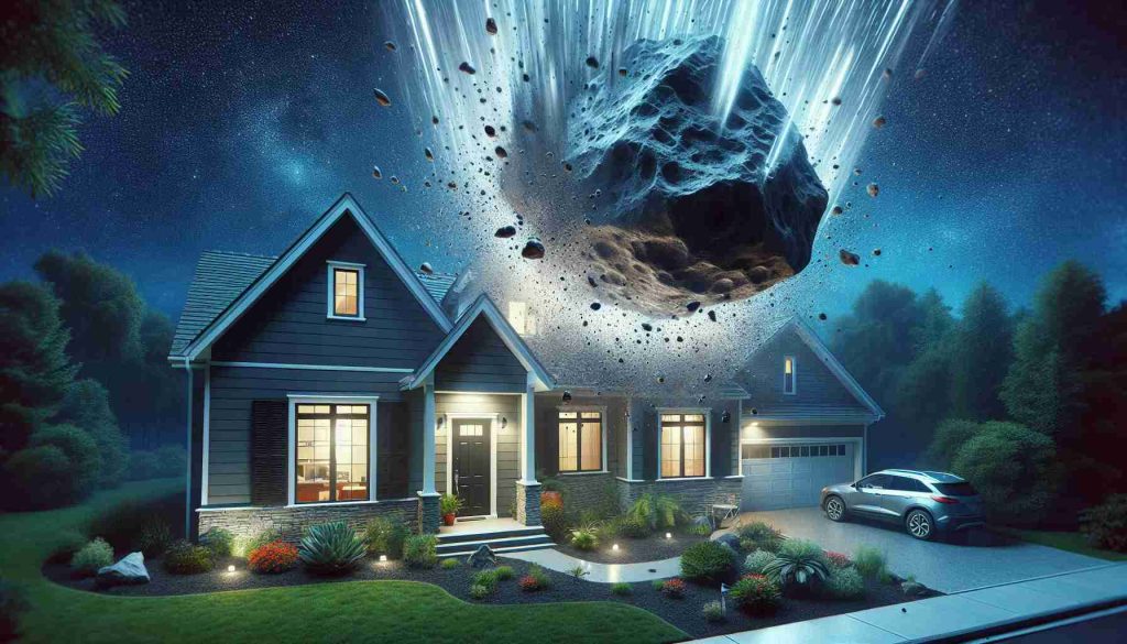 Generate a realistic high definition image of an exceptional event captured by a doorbell camera. Visualize a meteorite, a rock from space, making an unexpected impact on a residential house.