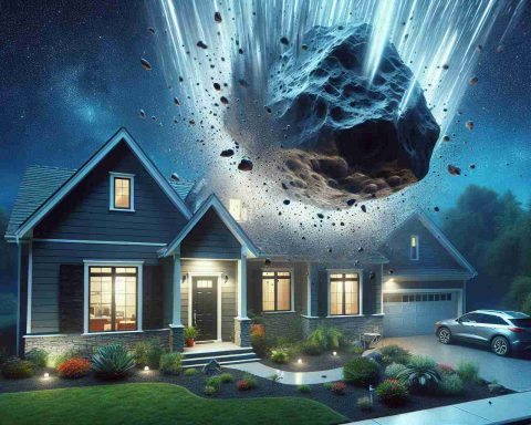 Generate a realistic high definition image of an exceptional event captured by a doorbell camera. Visualize a meteorite, a rock from space, making an unexpected impact on a residential house.