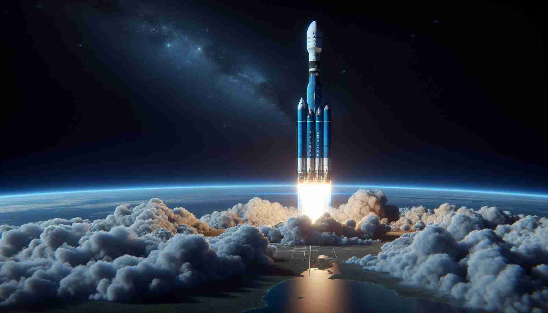 A realistic, high-definition image of a blue and white, towering rocket setting off into the dark expanse of space. Thick plumes of smoke and fire trail behind it, depicting the raw power of the launch. The sky transitions from the deep blues of Earth to the star-studded blackness of outer space, symbolizing the boundary that the rocket is crossing. The ground below appears as a small, receding patch of green and blue - Earth fading away. The name 'New Glenn' is emblazoned on the side of the massive rocket, as it embarks on its voyage into the cosmos.