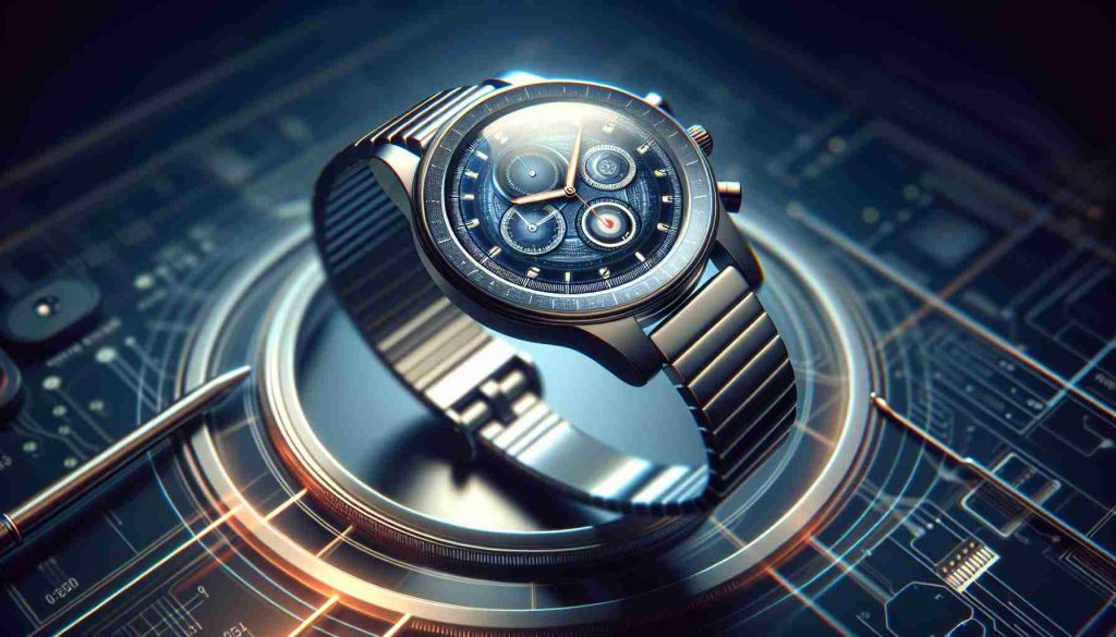 A realistic, high-definition visual representation of a generic, classic wristwatch embracing modern technology. The watch should possess a feature-rich digital display with sophisticated smartwatch capabilities. The background subtly hints at advanced technologies with a futuristic ambiance, signifying the progress and development in the world of wearable tech.