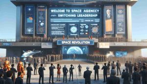 Realistic HD photo of a major space agency switching leadership named as 'Space Revolution'. The banner at the entrance of the space agency announces the welcoming of the new leader. Significant changes are suggested for the future represented by charts and infographics on display in the vicinity. Onlookers expressing mixed reactions reveal the anticipation for profound changes ahead. The environment comprises technological equipment, mission plans, and various space-related decorations. The scene is portrayed under a clear blue sky.