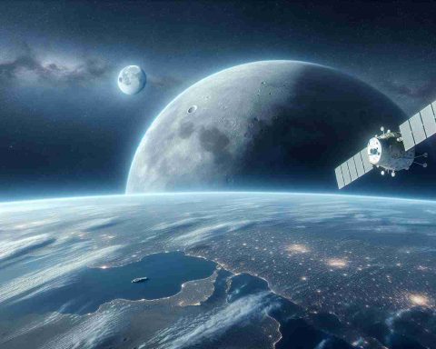 Generate a hyper-realistic, high-definition image showcasing the advancements in Chinese space technology. The concept can include a visual metaphor of a giant leap, as well as subtle implications of a lunar mission looming in the future. This can be depicted through a satellite or a spaceship hovering above Earth, with the Moon envisaged in the distant background.