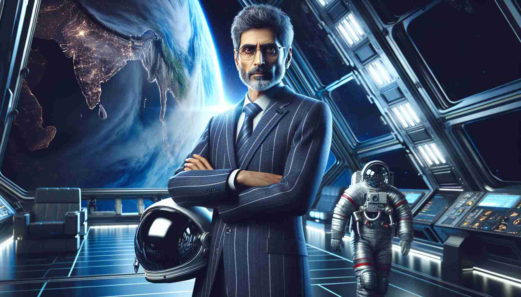 Generate a realistic high-definition image of a space scientist named Dr. V. Narayanan. The scene should depict this distinguished individual on a space station, with a stunning view of the Earth in the background. You can observe how the planet's curvature reflects beautiful blue hues against the station's polished metallic surface. Dr. Narayanan would be stylishly dressed in a formal, modern spacesuit complete with helmet in hand. His appearance radiates inherent intelligence, while his eyes show determination backed by years of rigorous training and ground-breaking research in the field of astrophysics.