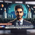 A realistic high-definition image of a 'Breaking News' television segment. The headline reads, 'New Leader Takes the Helm at ISRO! A Visionary for India’s Space Future!' The screen shows a confident looking individual of South Asian descent in a professional suit. The background is filled with symbols of the Indian Space Research Organization (ISRO), such as rockets and satellites.