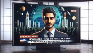 A realistic high-definition image of a 'Breaking News' television segment. The headline reads, 'New Leader Takes the Helm at ISRO! A Visionary for India’s Space Future!' The screen shows a confident looking individual of South Asian descent in a professional suit. The background is filled with symbols of the Indian Space Research Organization (ISRO), such as rockets and satellites.