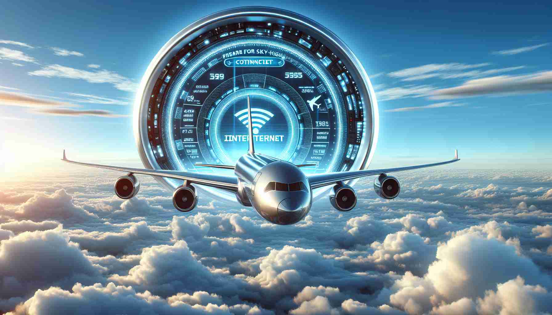 High-definition image of a futuristic, high-tech airplane mid-flight. The sky around it is vast and blue with scattered fluffy white clouds. A digital display inside the airplane shows optimal Internet connectivity, indicating a significant upgrade to in-flight services that could revolutionize the flight experience. This is an interpretive depiction of the phrase 'Prepare for Sky-High Internet! Your Next Flight May Be a Game Changer.'