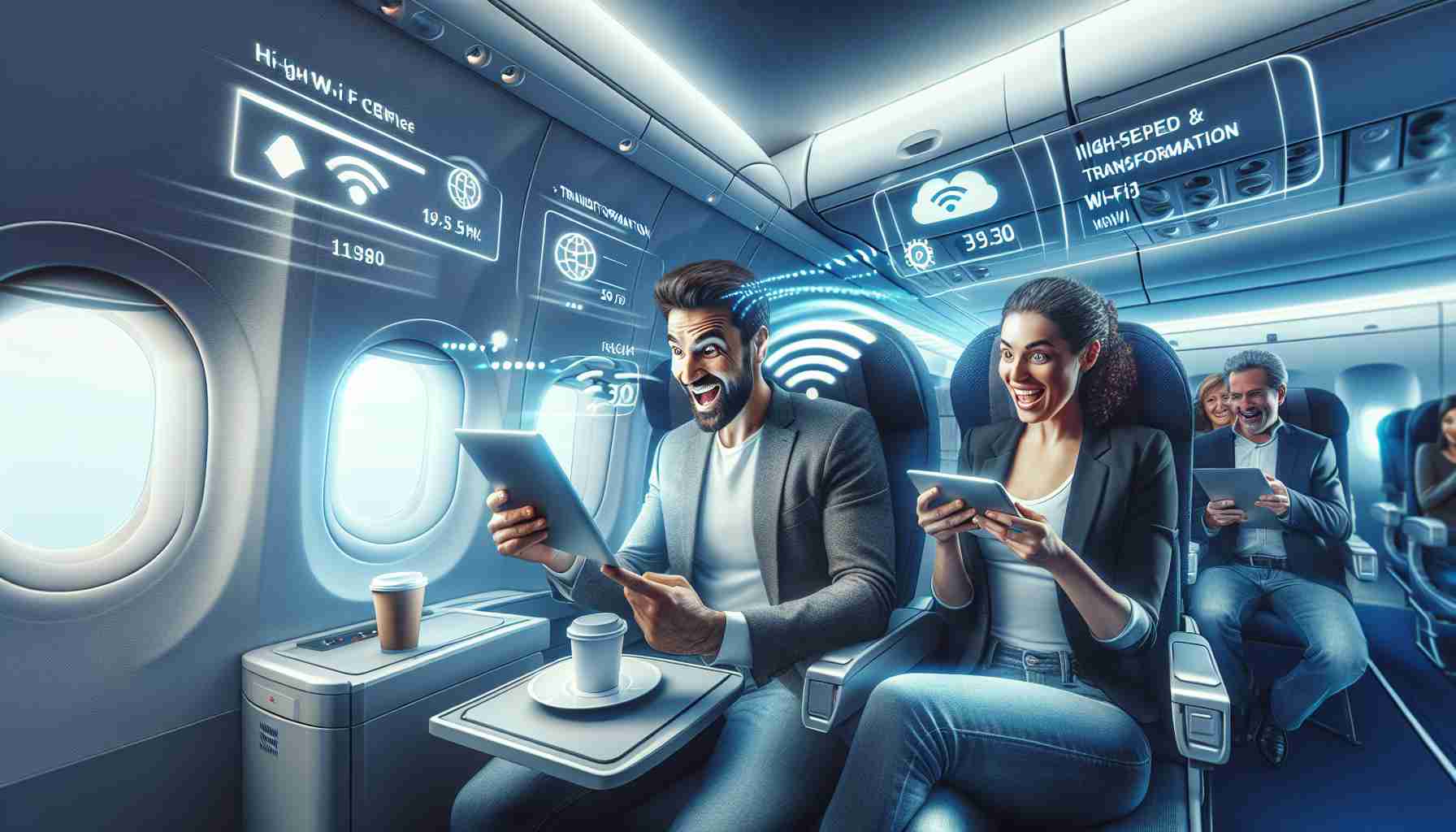 Create a high-definition image depicting the excitement and transformation brought by a new Wi-Fi service on an airplane flight. Show an airplane interior with passengers, such as a Caucasian man and a Black woman, in mid-flight, excitedly using their electronic devices with visible Wi-Fi signals. Include imagery that suggests high-speed internet: quick data transfer, loading bars completing quickly, video streaming with no buffering. Make it evident from the environment that this indeed is a moment of transformation, perhaps by showing an old and dated in-flight entertainment system replaced by this new high-speed Wi-Fi service.