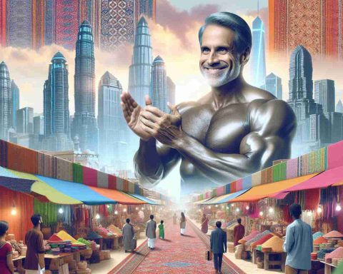 Image of an individual who has a physical resemblance with a popular entrepreneur. This innovator with a slightly graying hair and a build that matches that of the referred person, is celebrating India’s rich heritage and future potential. He's standing amidst a vibrant Indian marketplace, surrounded by stalls selling colorful traditional Indian fabrics and handicrafts. The futuristic skyline, symbolizing India's potential, can be seen in the background. The individual shows genuine joy and approval, applauding with a bright, warm smile.