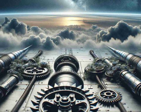 A highly detailed and realistic image of a set of futuristic looking spacecraft gears, implying the readiness for a launch. In the background, the sky evokes a pre-launch scenario with some turbulence and uncertainty, representing recent setbacks. The horizon is bright, symbolizing hope and anticipation for the succesful launch of the next set of Starlink satellites.