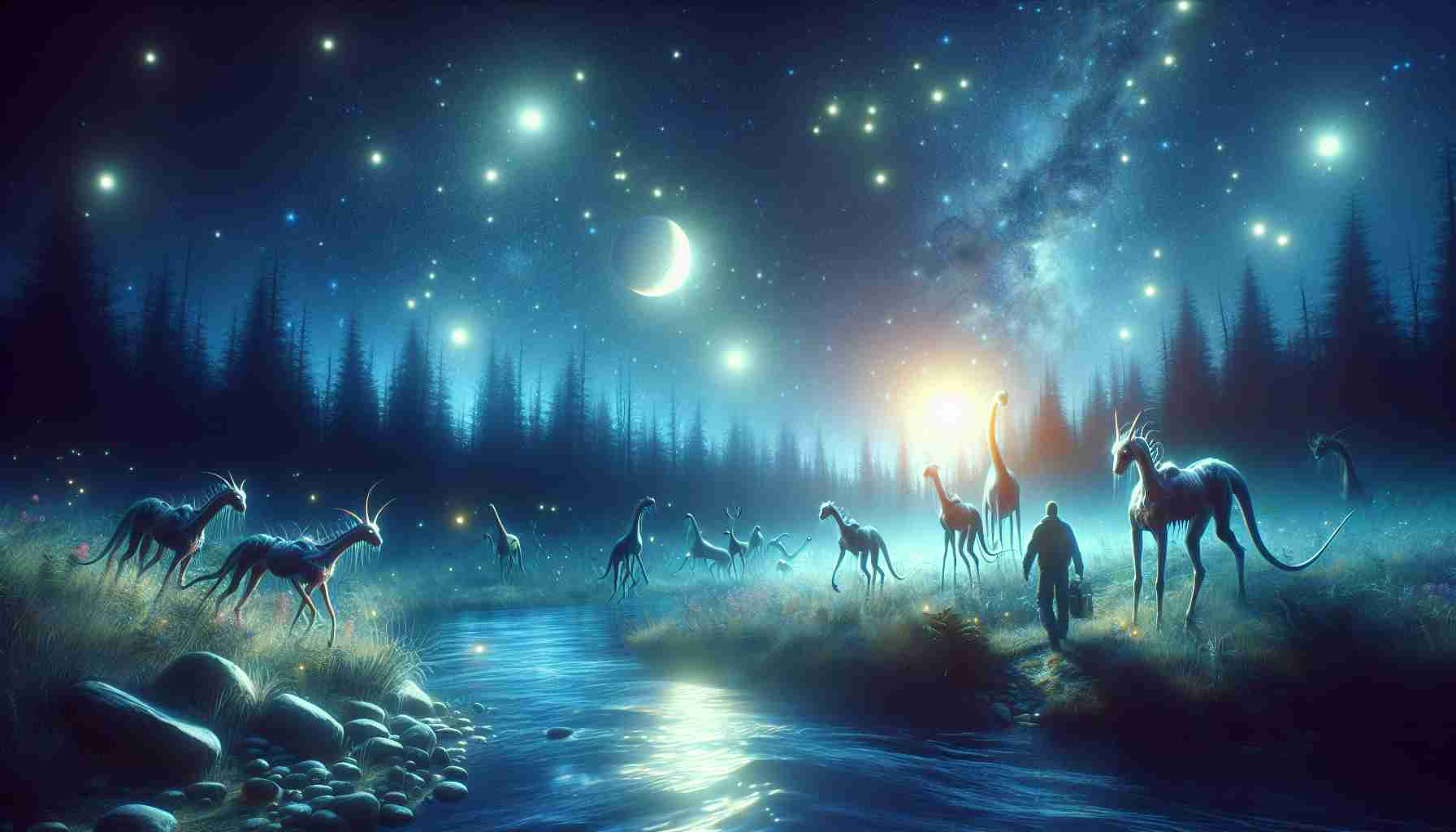 Create a high-definition, realistic image showing a tranquil celestial night setting possibly with twinkling stars and a glowing moon. This peaceful setting is suddenly interrupted by the appearance of unexpected guests. These guests could take the form of unusual animals or strange entities. Their presence causes a shift in the atmosphere. Convey this disturbance visually within the image. Perhaps there could be a protagonist in the frame, looking surprised or taken aback by this sudden intrusion. How the protagonist responds amidst this chaos is left up to interpretation.