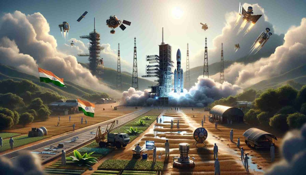 Realistic high-definition image depicting India's ambitious leap into the realm of space exploration. The scene represents a pivotal change, perhaps signifying a new satellite launch or the development of innovative technology. The element of suspense is created with components of the unknown waiting to be revealed. Let this be an illustration of a space launch site, a spacecraft set for takeoff under the clear blue sky, the ground crew bustling in anticipation, while the landscape shows a contrast of advanced technology amidst the traditional rural setup of India.