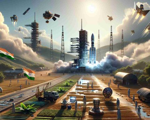 Realistic high-definition image depicting India's ambitious leap into the realm of space exploration. The scene represents a pivotal change, perhaps signifying a new satellite launch or the development of innovative technology. The element of suspense is created with components of the unknown waiting to be revealed. Let this be an illustration of a space launch site, a spacecraft set for takeoff under the clear blue sky, the ground crew bustling in anticipation, while the landscape shows a contrast of advanced technology amidst the traditional rural setup of India.