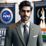 Realistically detailed, high-definition image of a recent significant announcement related to Indian space exploration. A generic South Asian male figure dressed in a professional suit is presented as the new leader of a space research organization in India, representative of ISRO. He is standing in front of a banner showing the organization's logo, the design of which is an open-ended imagination of famous space research organizations, and behind him, there are images of accomplished missions, to represent the legacy of this organization. Please do not include any real-life figures.