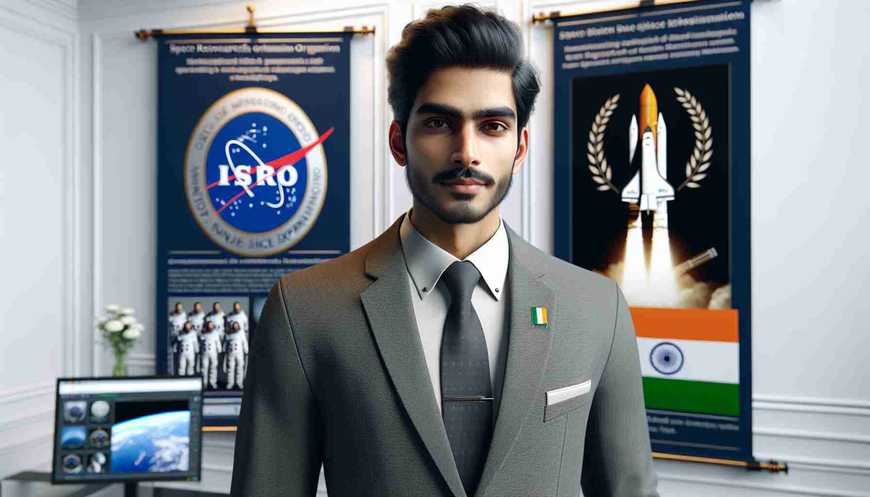 Realistically detailed, high-definition image of a recent significant announcement related to Indian space exploration. A generic South Asian male figure dressed in a professional suit is presented as the new leader of a space research organization in India, representative of ISRO. He is standing in front of a banner showing the organization's logo, the design of which is an open-ended imagination of famous space research organizations, and behind him, there are images of accomplished missions, to represent the legacy of this organization. Please do not include any real-life figures.