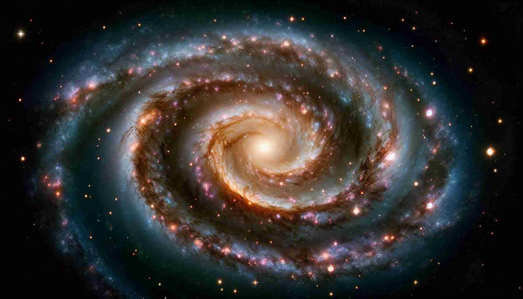 Create a realistic, high-definition image of a spiral galaxy. The cosmos surprises us with its vastness and variety, so depict this galaxy as an astonishing find. Imagine it rotating in a spiral pattern, with billion stars revolving around its center, all radiating different, beautiful colors. The spiraling arms should be filled with a mixture of stellar nurseries, mature stars, and old stars nearing the end of their life cycle. It's a vast cosmic structure, an emblem of the universe's grandeur and our astonishing place within it.