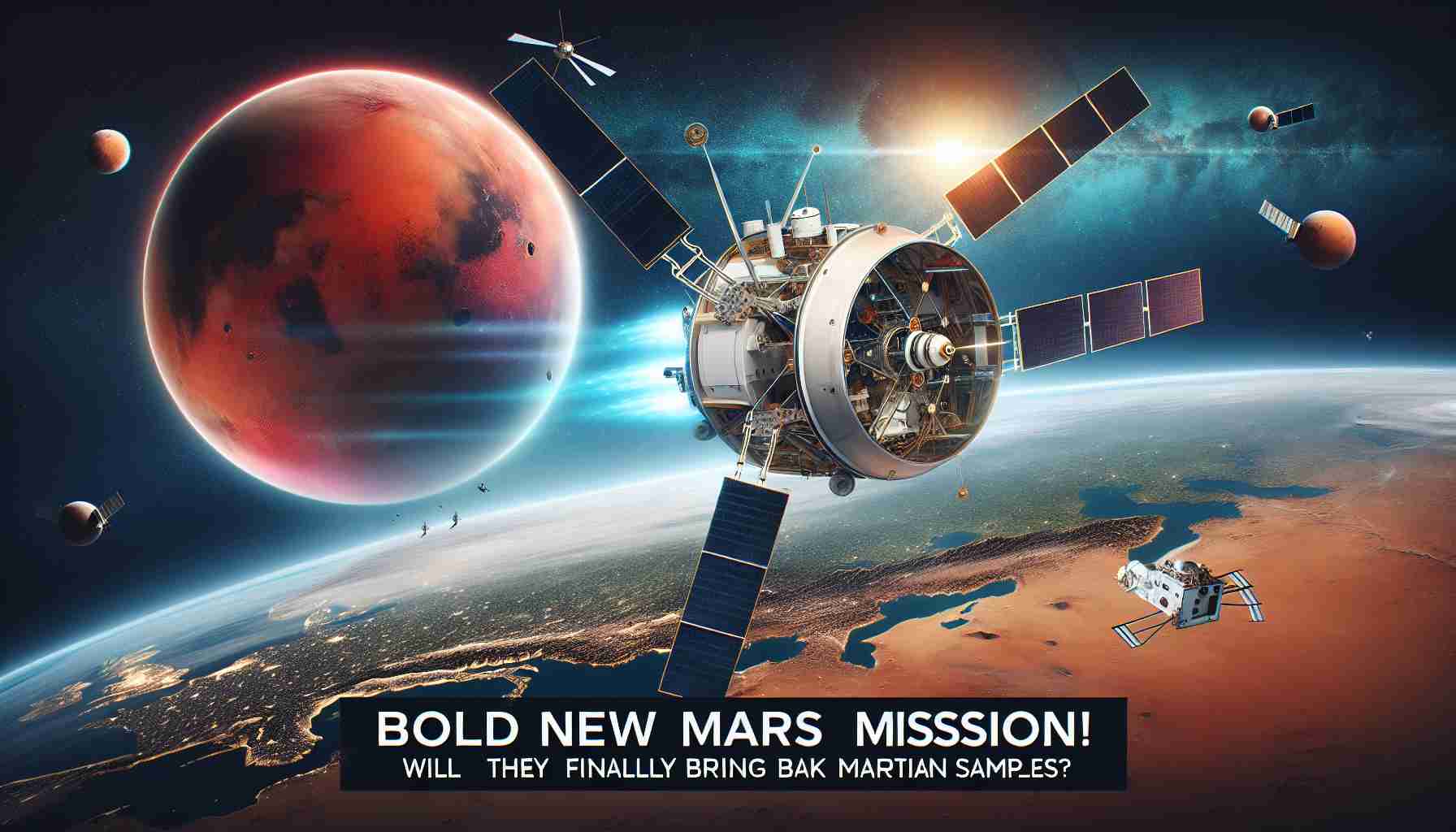 Create a highly detailed and realistic image depicting a future Mars mission by NASA. The scene should include a high-tech spacecraft designed for the task of Mars sample return. The spacecraft is departing Earth, with a beautiful view of our planet in the background, and the red planet Mars shining in the distance. The words 'Bold New Mars Mission! Will They Finally Bring Back Martian Samples?' are written in bold letters across the image.