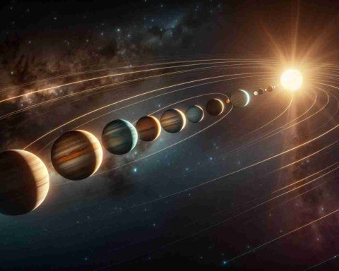 Realistic high-definition visualization of an astronomical wonder, specifically the alignment of seven planets in our night sky. The view should capture each planet's individuality while showcasing their formation in a spectacular linear configuration.