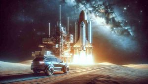 Generate a realistic high-definition image of a scene set in outer space. The scene depicts a major advancement in space exploration, represented by a pioneering vehicle resembling a rocket designed by a major corporation that is known for its work in the automobile industry, showing their interest in expanding into space technology.