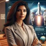 Realistic HD photo of a visionary leader of a space exploration organization's next frontier! This rocket scientist, a South Asian female, is effecting transformative changes.