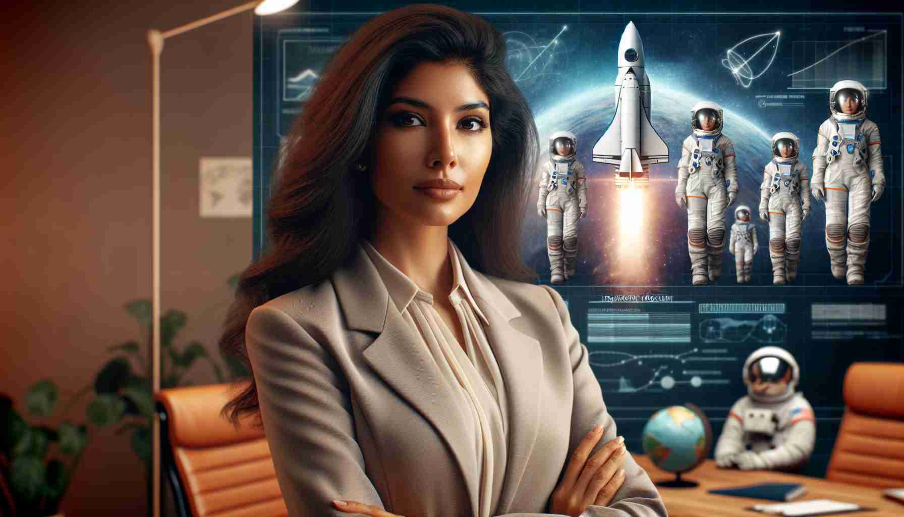 Realistic HD photo of a visionary leader of a space exploration organization's next frontier! This rocket scientist, a South Asian female, is effecting transformative changes.