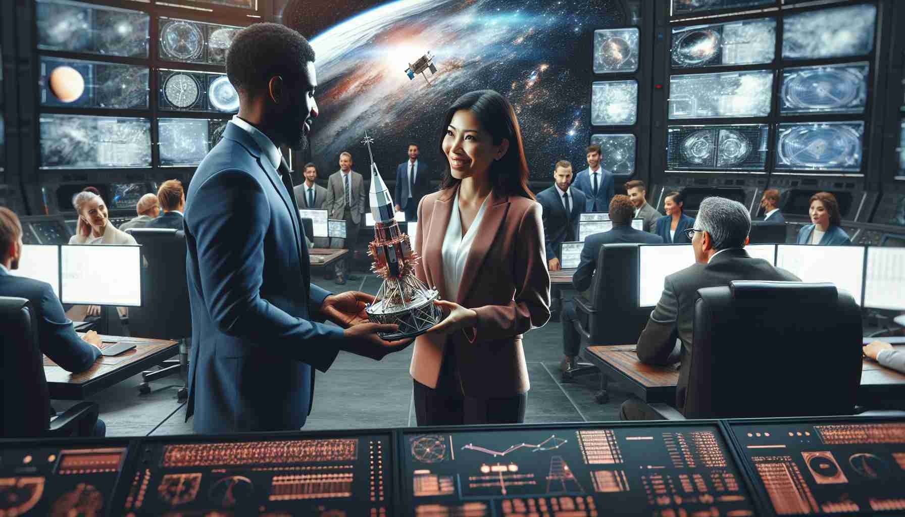 Create a realistic HD photo showcasing a moment of leadership transition in a generic space organization. This scene might depict a mixed-gender group of people in professional attire, including different descents like Caucasian, Hispanic, and Middle-Eastern, gathered in a high-tech control room filled with large screens displaying satellite trajectories, celestial maps and telemetry data. The atmosphere is tense but filled with anticipation and excitement. A South Asian woman, fondly holding a spacecraft model, is passing on the responsibility to a Black man, symbolizing the exciting leadership change.